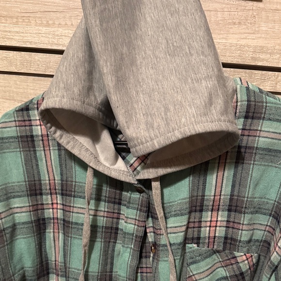 SHEIN Teal Plaid Button-Up with Gray Hood - Picture 3 of 3